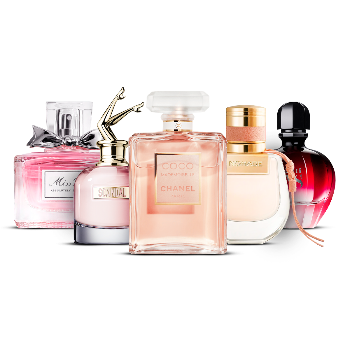 Set 5 Profumi – Miss Dior Absolutely Blooming, Scandal, Coco Mademoiselle, Nomade i Black XS  [100 ml ciascuno]